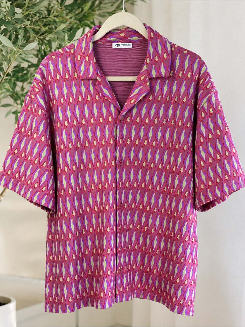 ZARA Men’s XL Geometric Jacquard Knit Button Up Shirt Pink Purple
